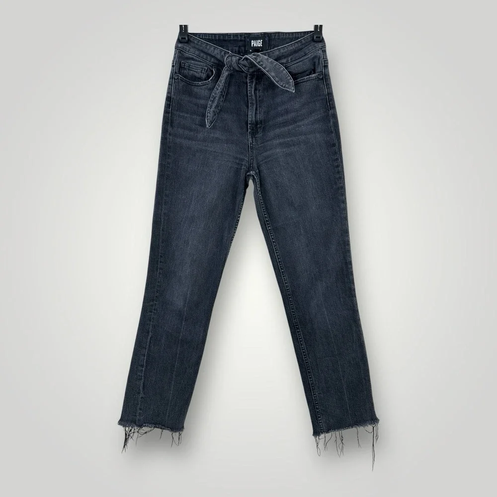 PAIGE Margot Straight Leg Jeans Womans 26 (26x26) Tie Waist Black Denim‎ Raw Hem
